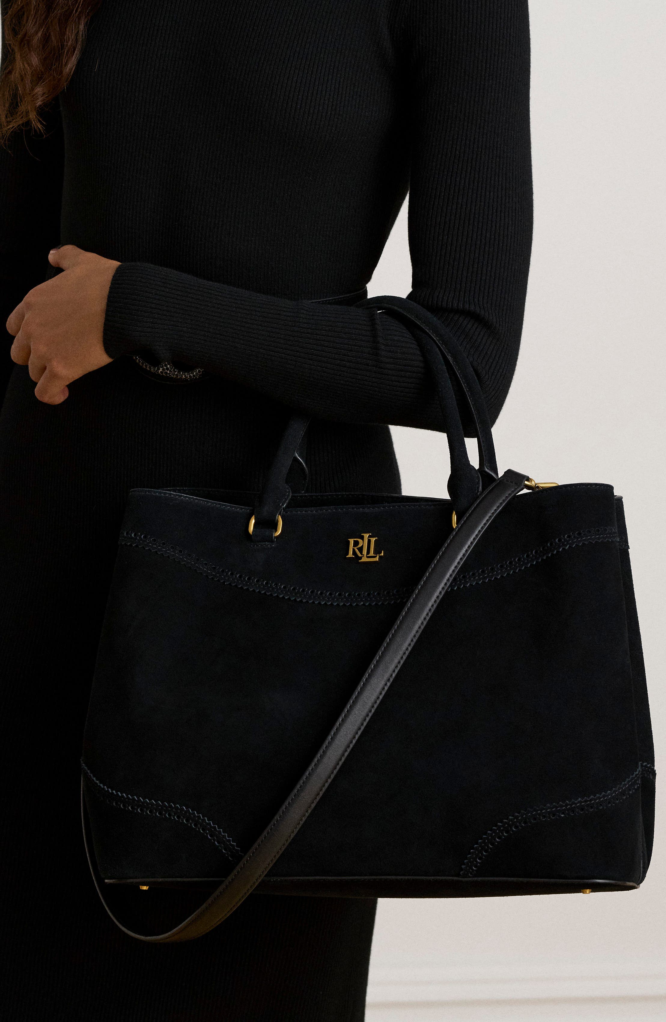 Marcy 36 Perforated Suede Satchel, Alternate, color, BLACK