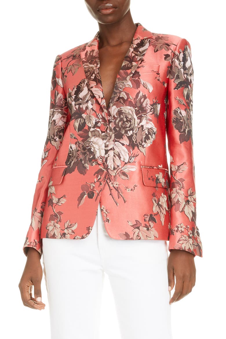 Belma Floral Silk Blend Blazer, Main, color, CORAL