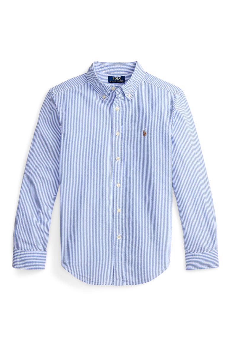 Kids' Stripe Cotton Seersucker Button-Down Shirt, Main, color, BLUE/WHT