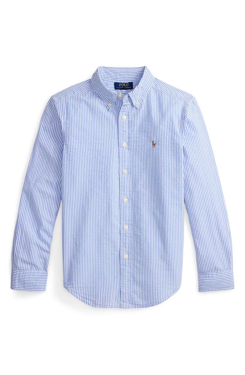 Polo Ralph Lauren Kids' Stripe Cotton Seersucker Button-Down Shirt, Main, color, Blue White