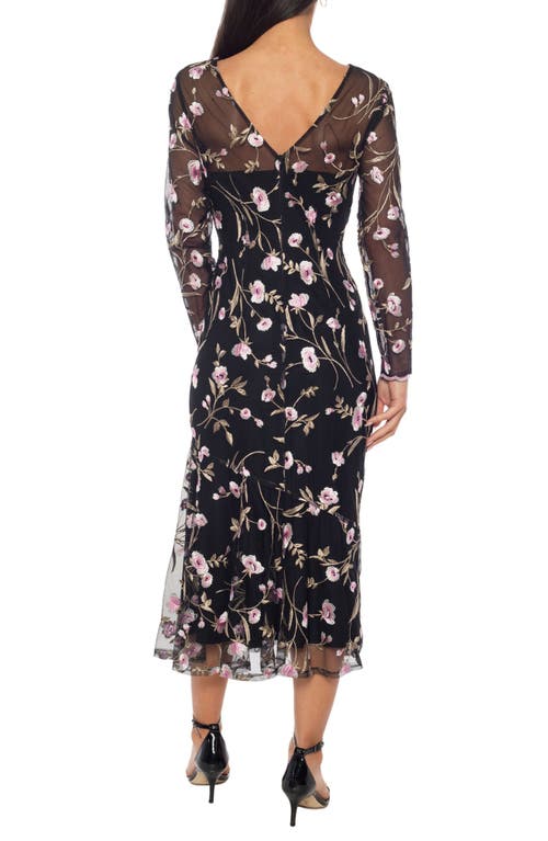 Marina Long Sleeve Floral Embroidered Midi Cocktail Dress In Multi
