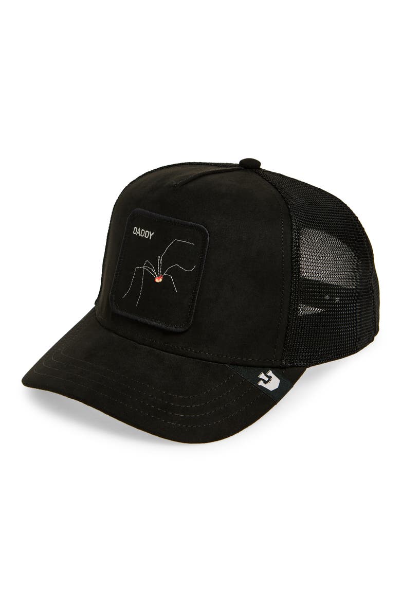 The Suede Patch Snapback Trucker Hat, Main, color, BLACK SPIDER