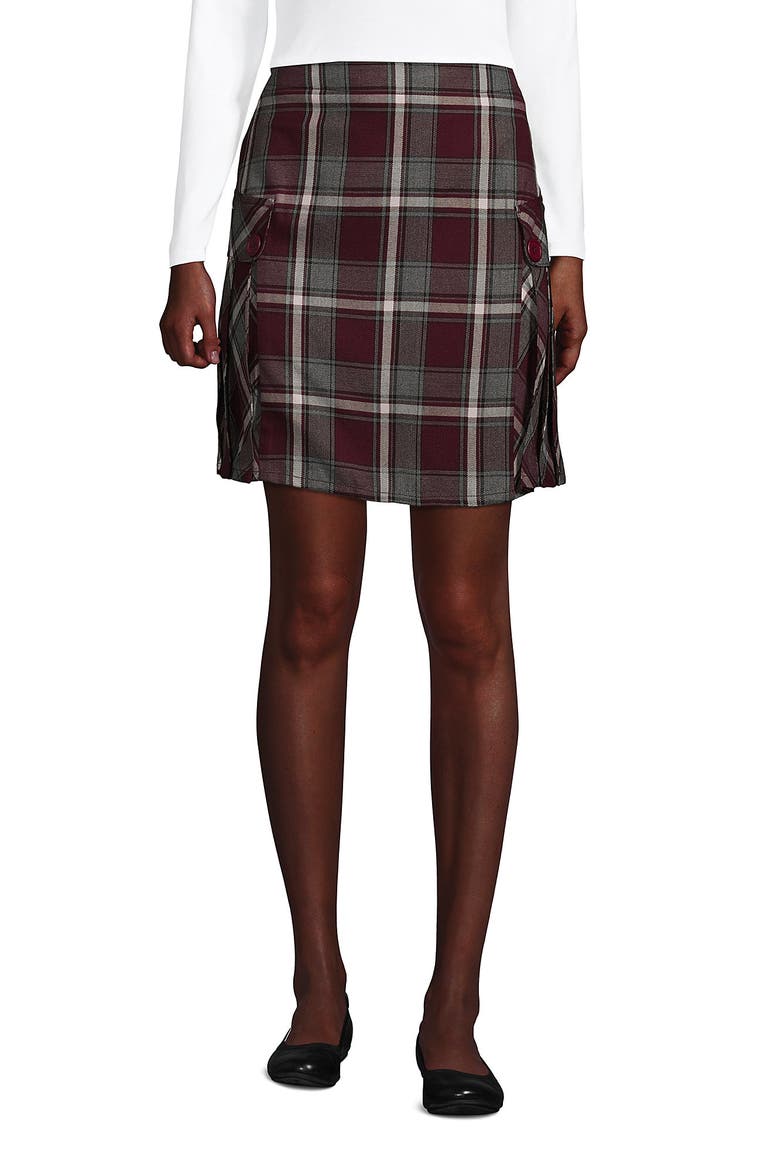 School Uniform Young  Side Pleat Plaid Skort Above the Knee, Main, color, Burgundy/Gray Plaid