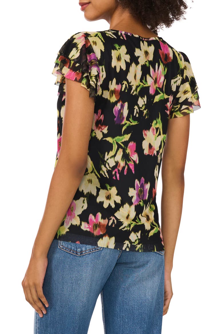 Floral Print Ruffle Sleeve Mesh Top, Alternate, color, RICH BLACK