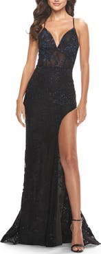 La Femme Rhinestone Lace Embellished Prom Dress with High Side Slit