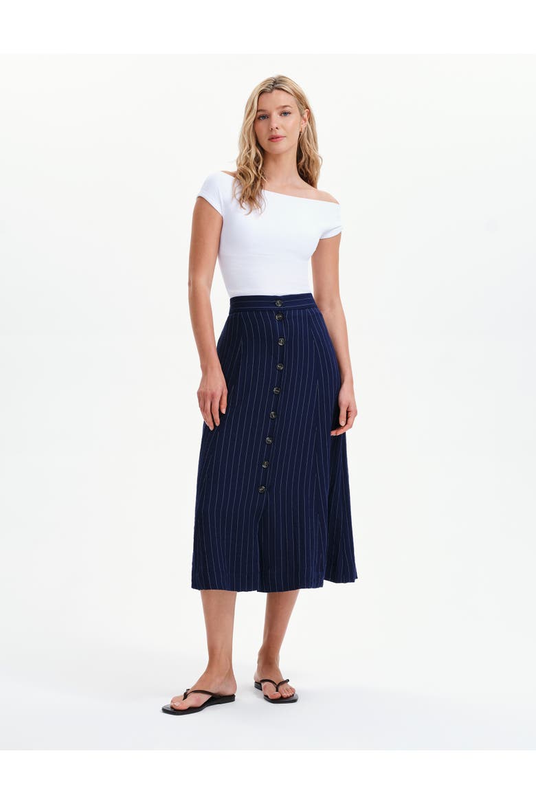 Frances Stripe Button Through Midi Skirt, Alternate, color, Navy Stripe
