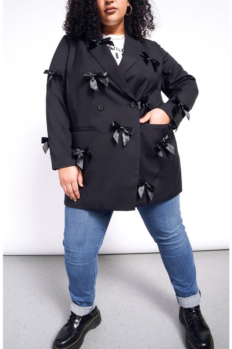 The Empower Bows Double Breasted Blazer, Alternate, color, BLACK