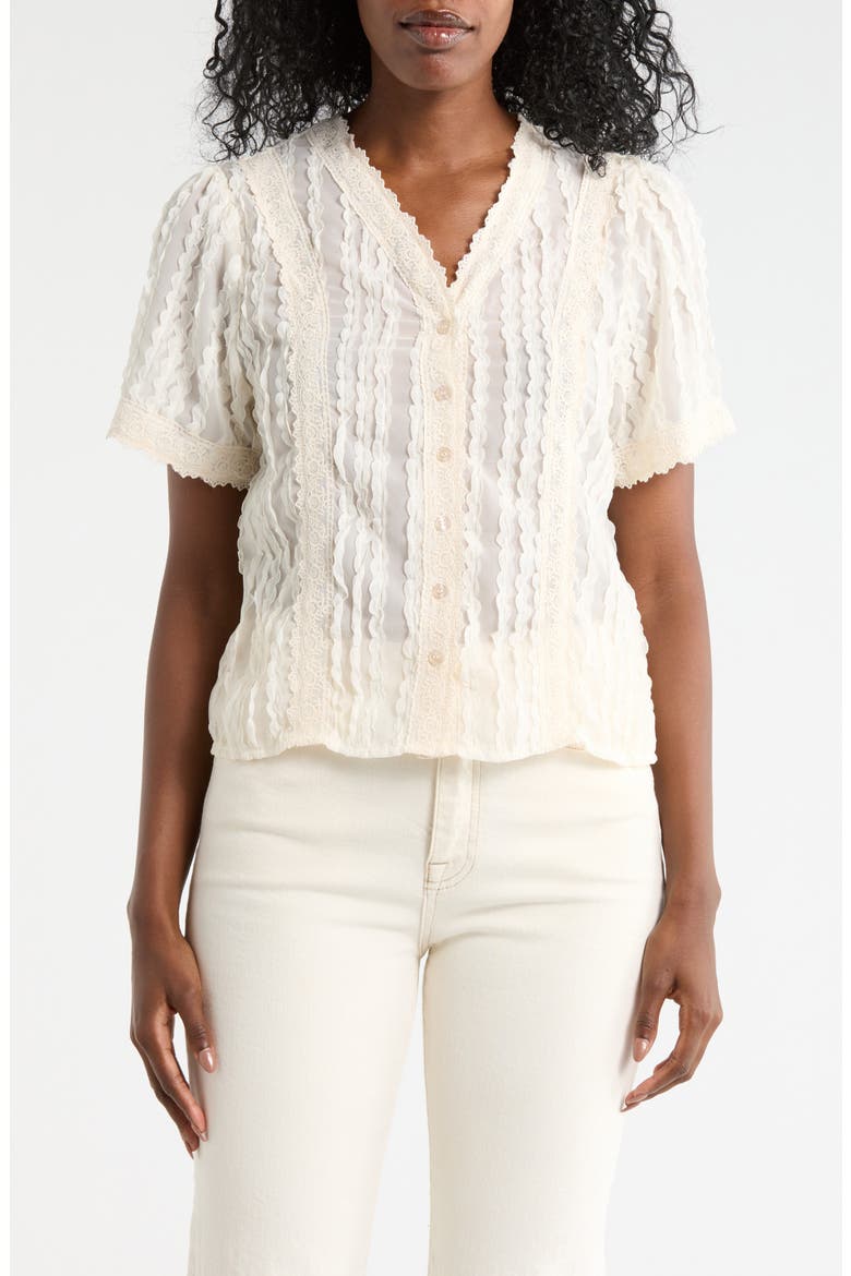 Lace Texture Short Sleeve Button-Up Shirt, Main, color, NATURAL