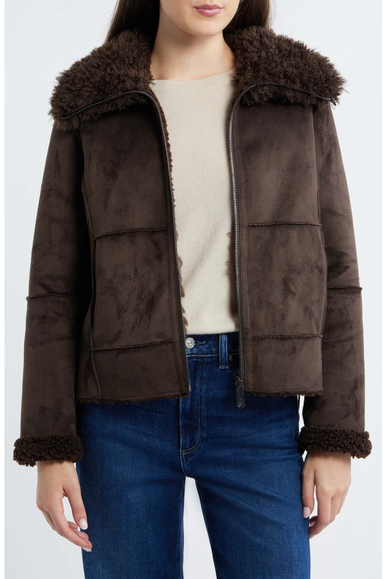 Zip Front Faux Shearling Jacket, Main, color, DARK BROWN