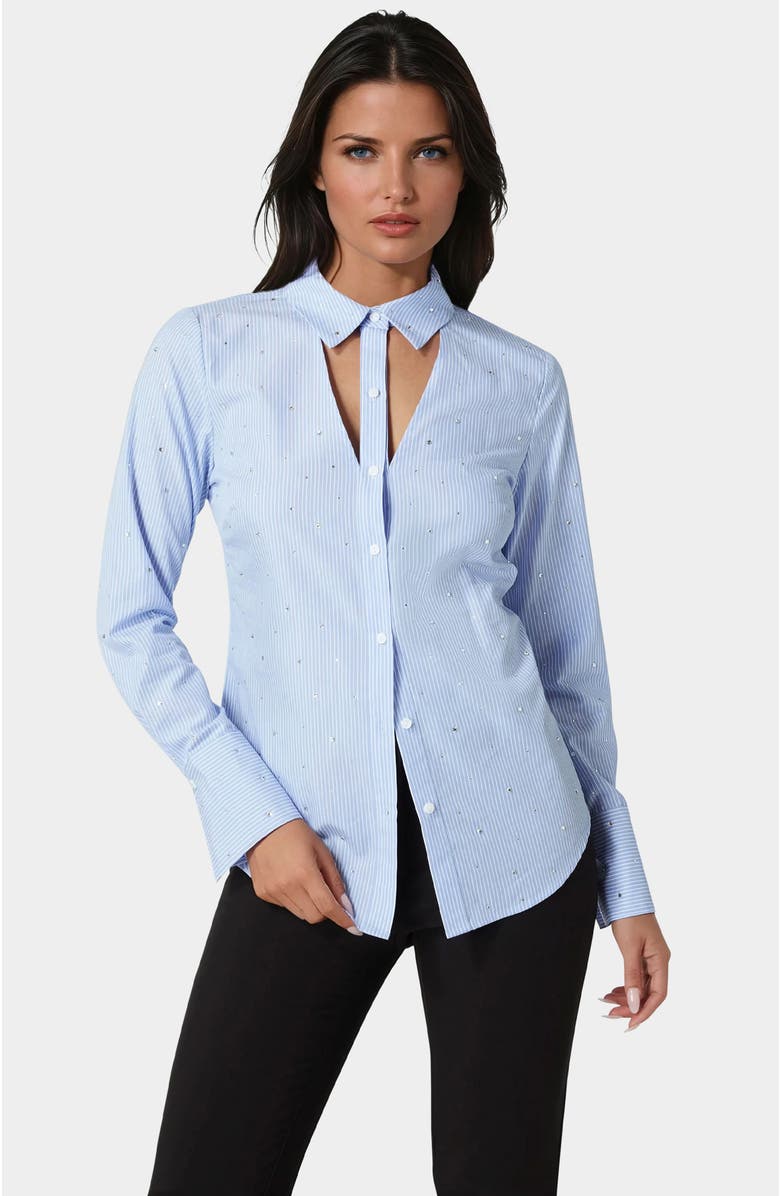 bebe Cut Out Rhinestone Poplin Blouse, Main, color, 