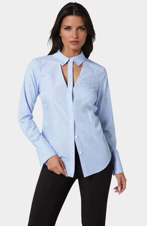 Cut Out Rhinestone Poplin Blouse