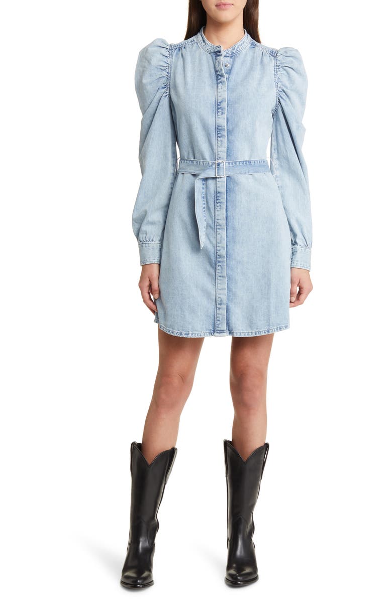FRAME Gillian Belted Puff Shoulder Long Sleeve Denim Dress, Main, color, 