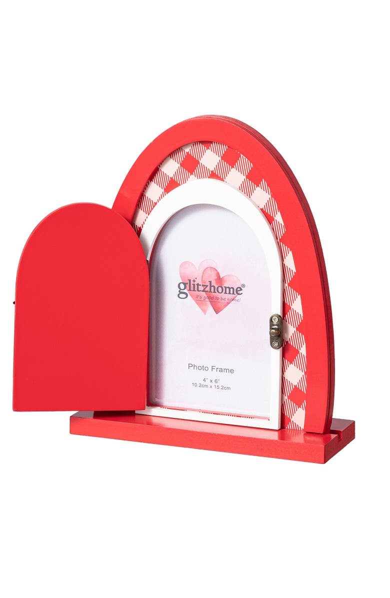 Glitzhome 8.5"H Valentine's Wooden Door Shaped Photo Frame Table Decor, Alternate, color, Red
