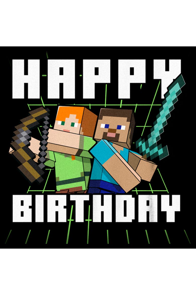 Boy's Minecraft Happy Birthday Steve and Alex  Graphic T-Shirt, Alternate, color, Black