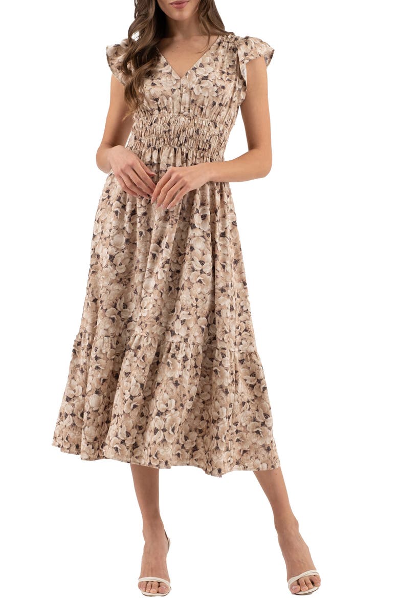 Floral Cap Sleeve Midi Dress, Main, color, TAUPE MULTI