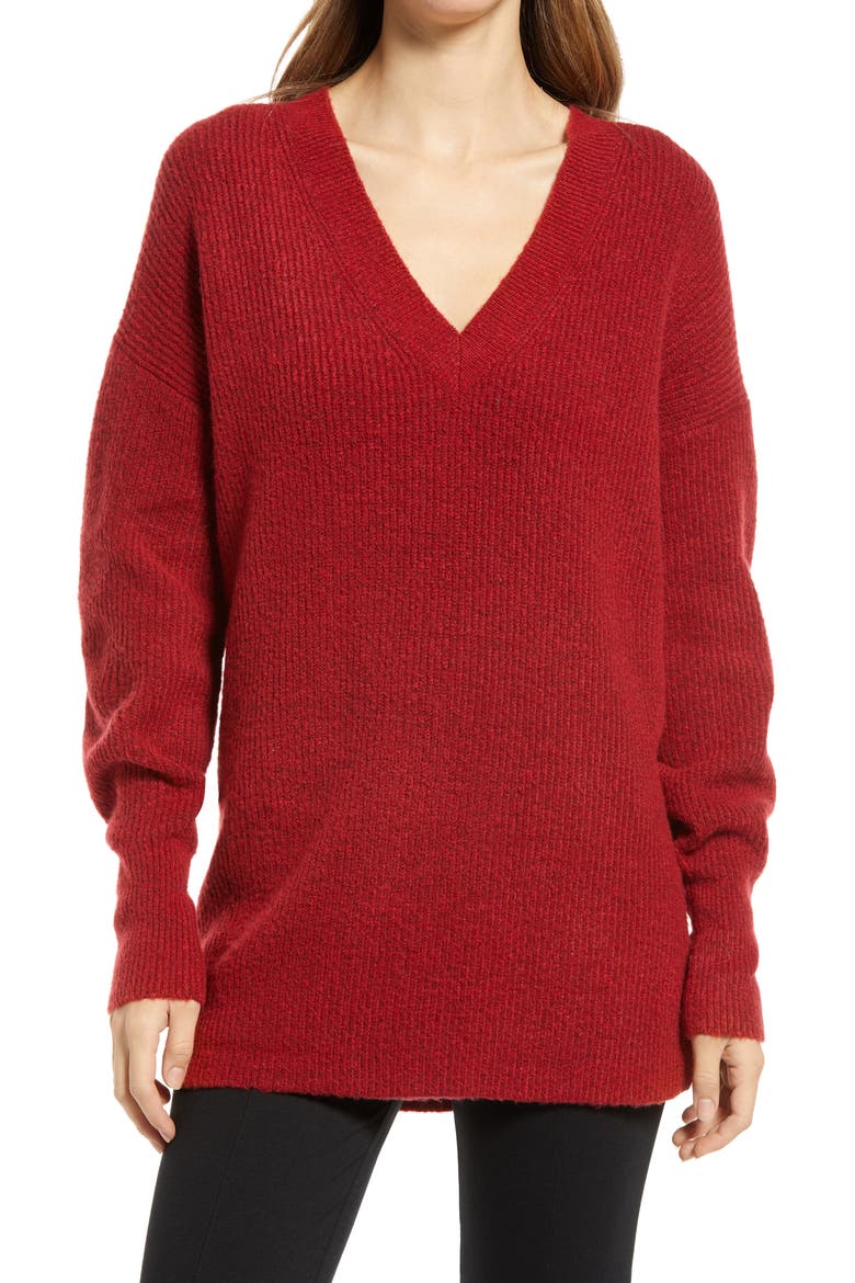 Cozy V-Neck Tunic Sweater, Main, color, RED CHILI