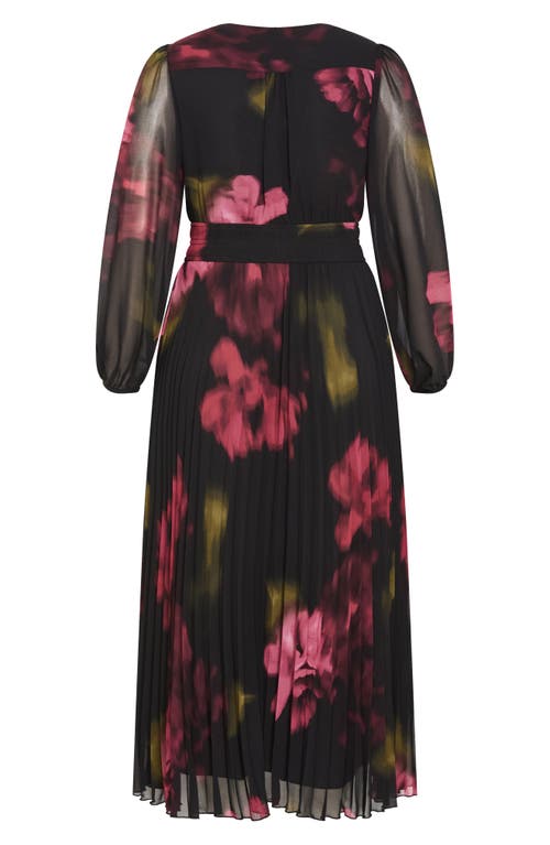 City Chic Georgina Pleated Long Sleeve Chiffon Faux Wrap Maxi Dress In Black
