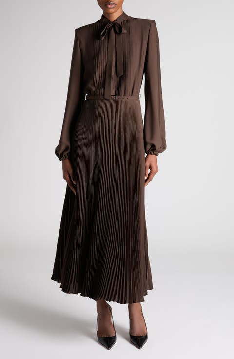 Lavalliere Pleated Long Sleeve Shirtdress