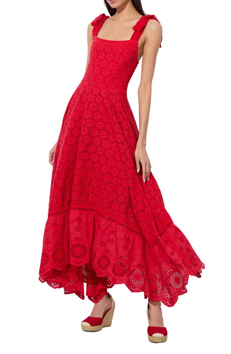 Alice + Olivia Rosalee Tie Strap Eyelet Cotton Sundress, Alternate, color, 