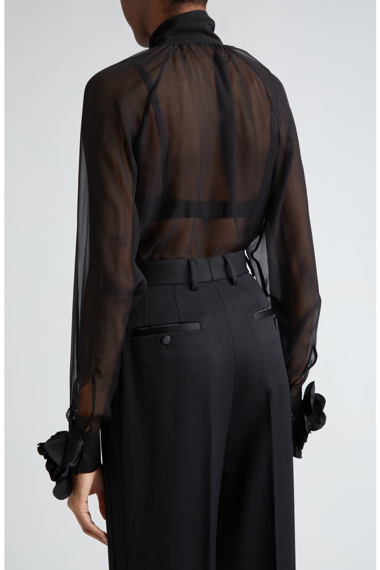 Floral Appliqué Tie Neck Sheer Silk Shirt, Alternate, color, NERO