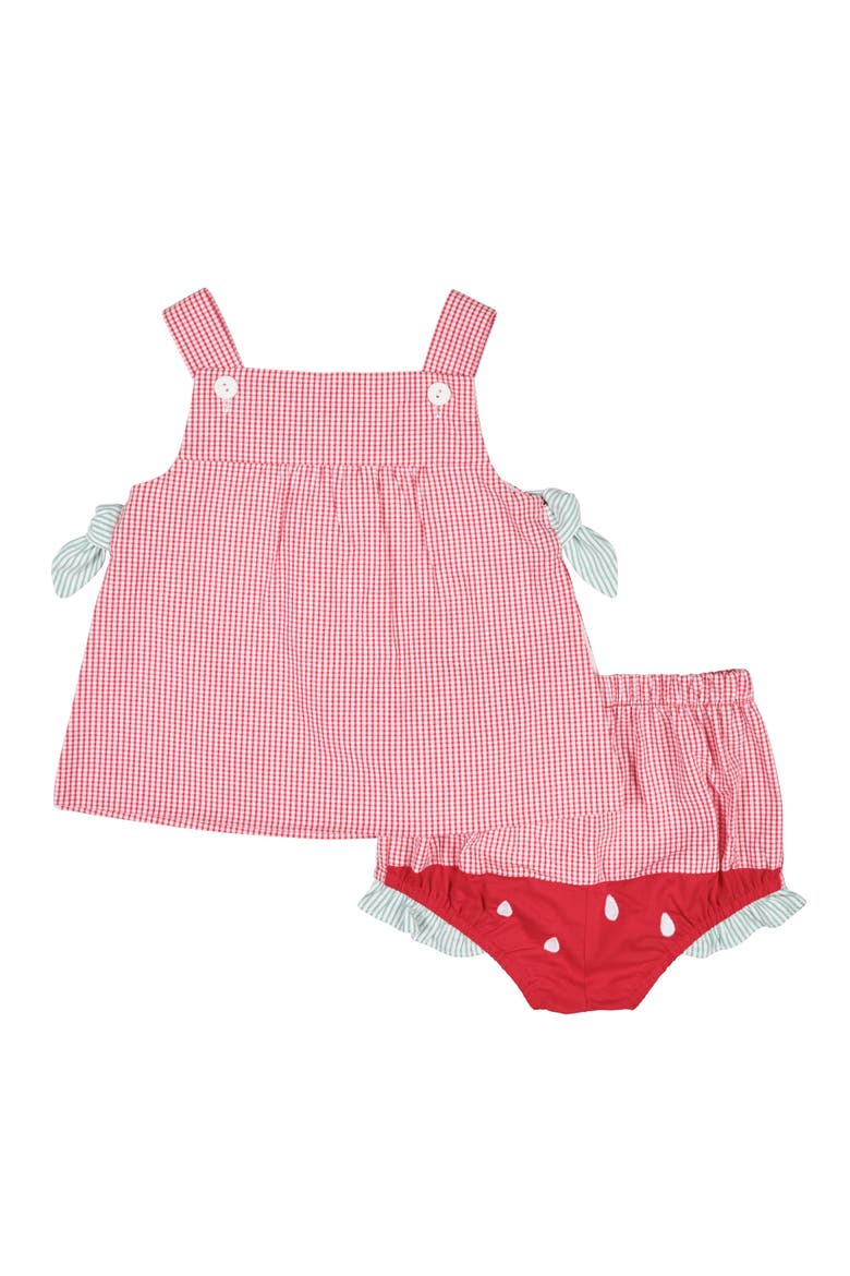 Check Seersucker Dress & Bloomer With Watermelon, Alternate, color, Red/White
