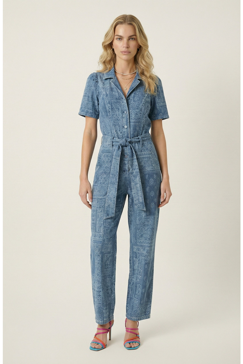Paisley Print Belted Button-Front Jumpsuit, Main, color, Mid-Wash Blue Paisley