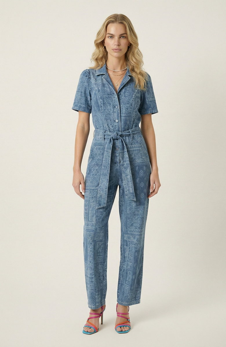 Modenaire Paisley Print Belted Button-Front Jumpsuit, Main, color, Mid-Wash Blue Paisley