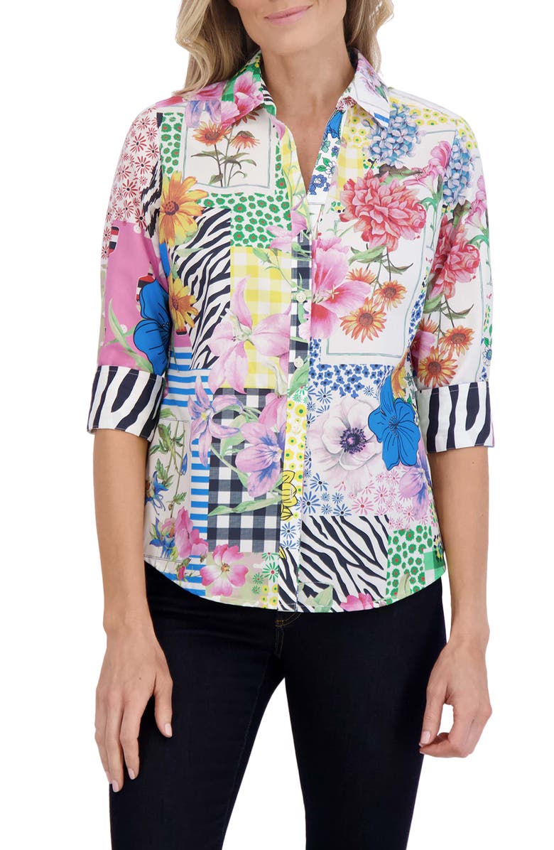 Foxcroft Mary Floral Cotton Poplin Button-Up Shirt, Main, color, 