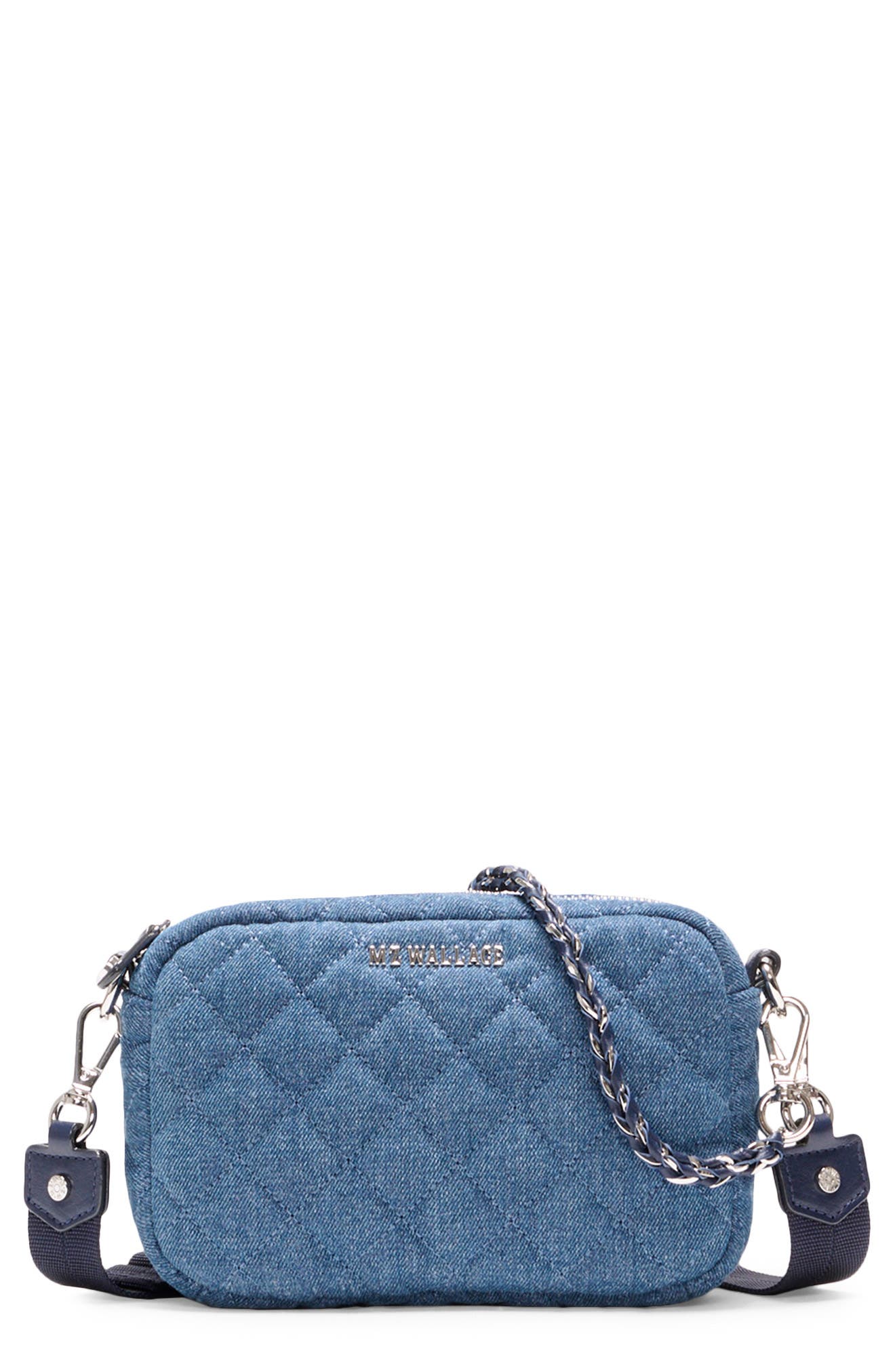 MZ Wallace Mini Crosby II Quilted Denim Crossbody Bag, Main, color, True Blue Denim