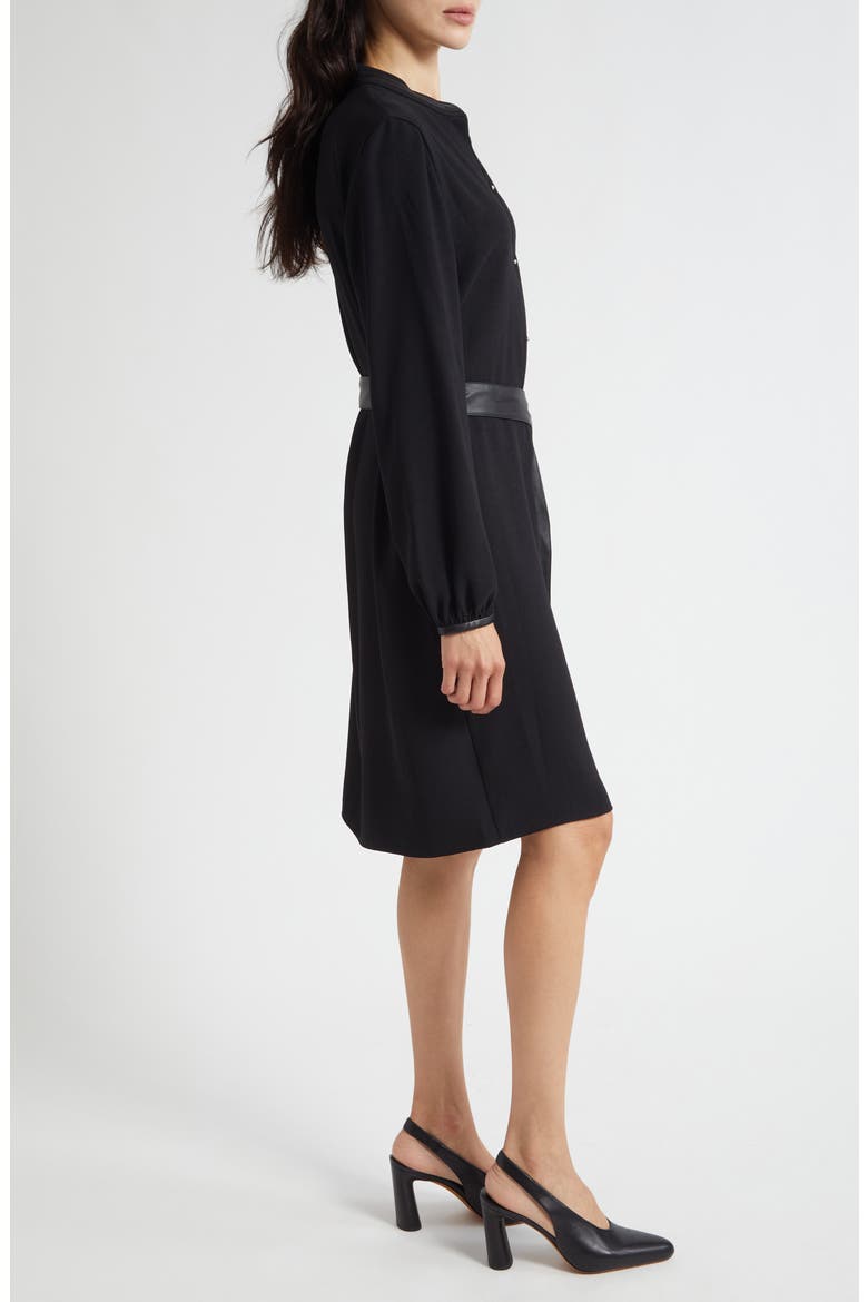 Faux Leather Trim Long Sleeve Shirtdress, Alternate, color, BLACK