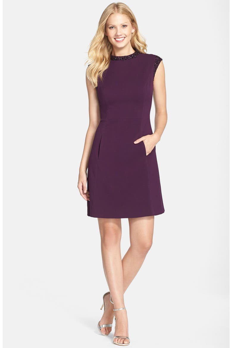 Embellished Crepe Fit & Flare Dress, Alternate, color, AUBERGINE