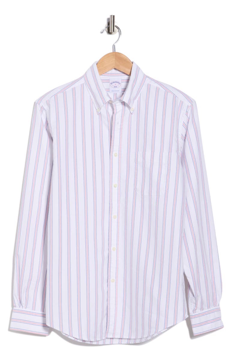 Brooks Brothers Oxford Stripe Long Sleeve Button-Down Shirt, Alternate, color, White Stripe