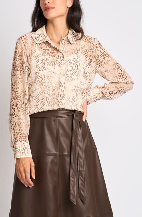 Hidden Placket Semisheer Chiffon Button-Up Shirt