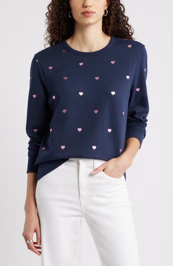 Caslon ® Foil Heart Print Sweatshirt In Navy Still Foil Mini Heart
