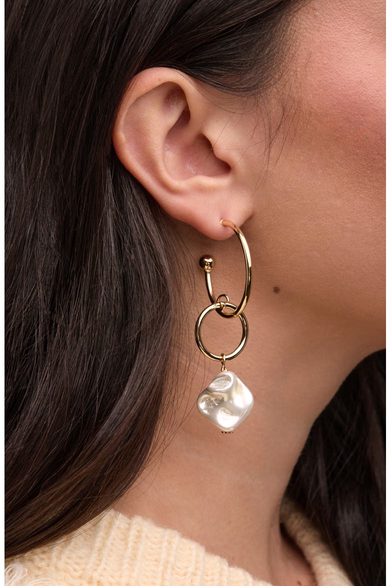 Faux Pearl Drop Hoop Earrings, Alternate, color, GOLD/ FAUX PEARL