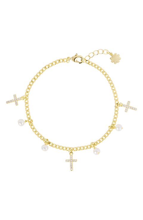 Imitation Pearl & Pavé Cubic Zirconia Cross Charm Bracelet