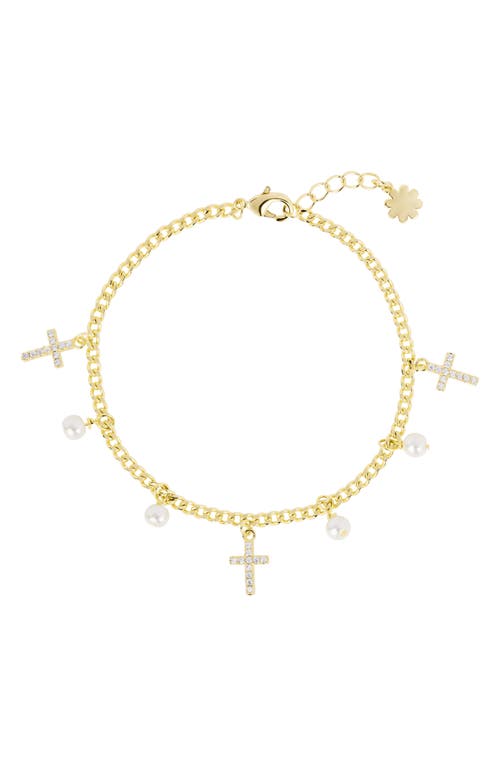 Athra Luxe Imitation Pearl & Pavé Cubic Zirconia Cross Charm Bracelet In Gold
