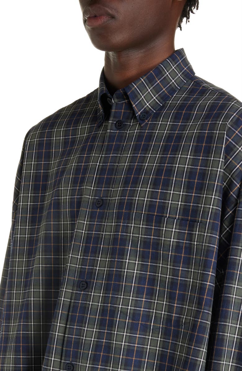 Balenciaga Check Oversize Cotton Flannel Button-Down Shirt, Alternate, color, Navy/ Khaki