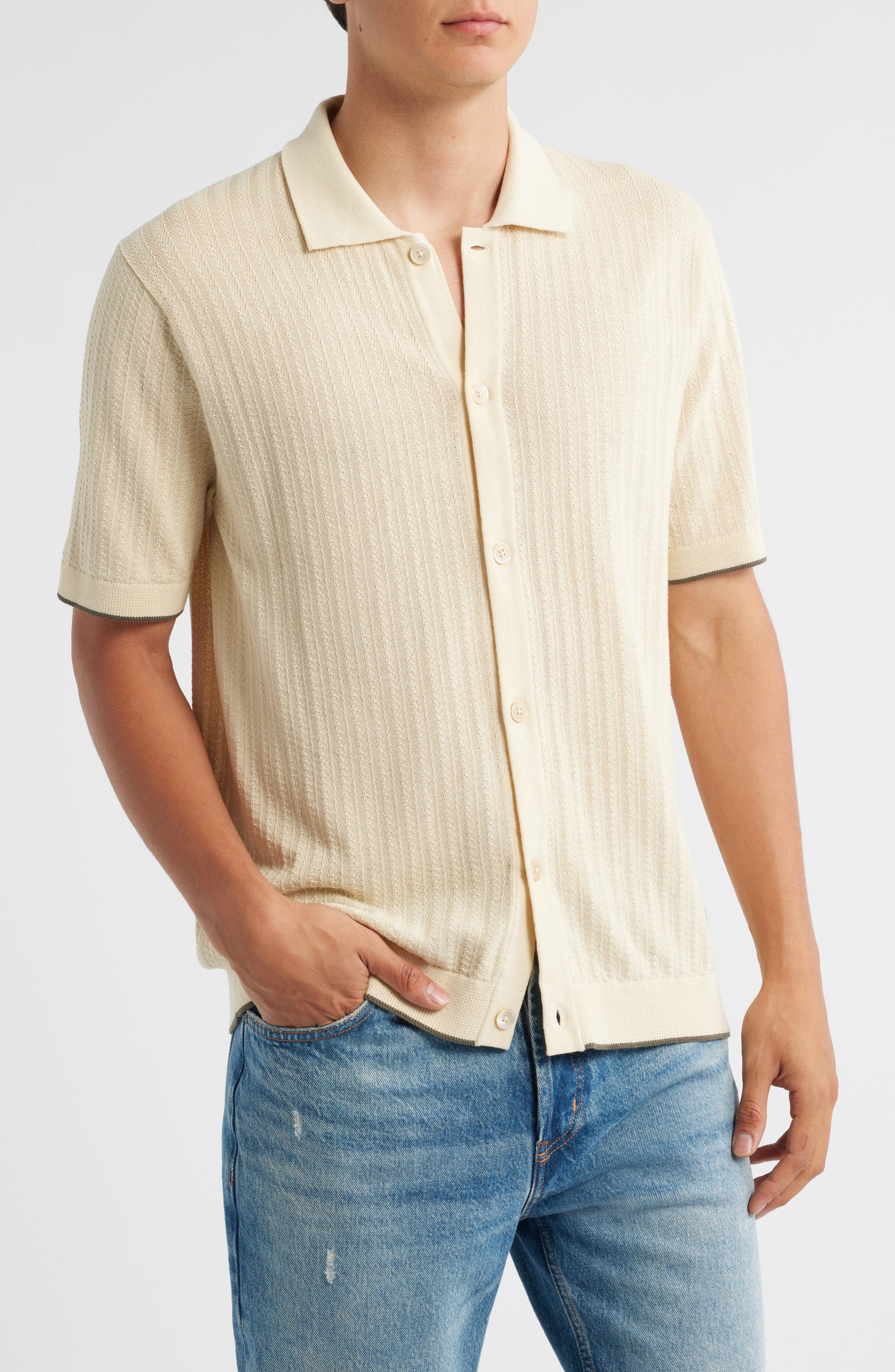 NN07 Nalo 6561 Short Sleeve Knit Cotton Button-Up Shirt