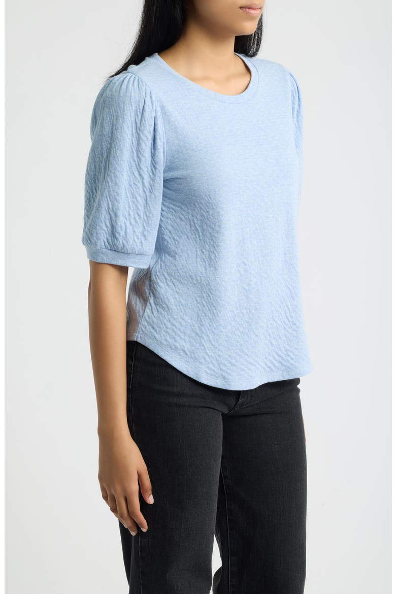 Puff Sleeve Textured Cotton T-Shirt, Alternate, color, LT DENIM/ IVORY