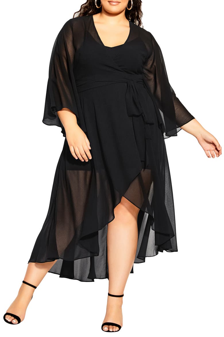 Long Sleeve Sheer Chiffon Maxi Wrap Dress, Main, color, BLACK