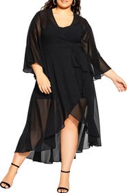 City Chic Long Sleeve Sheer Chiffon Maxi Wrap Dress