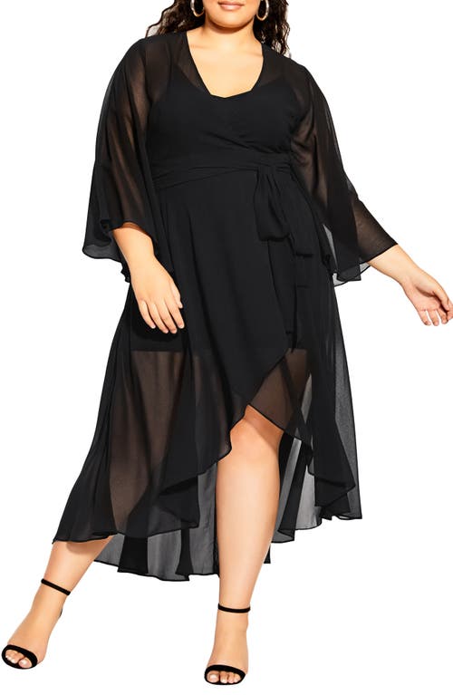 City Chic Long Sleeve Sheer Chiffon Maxi Wrap Dress In Black
