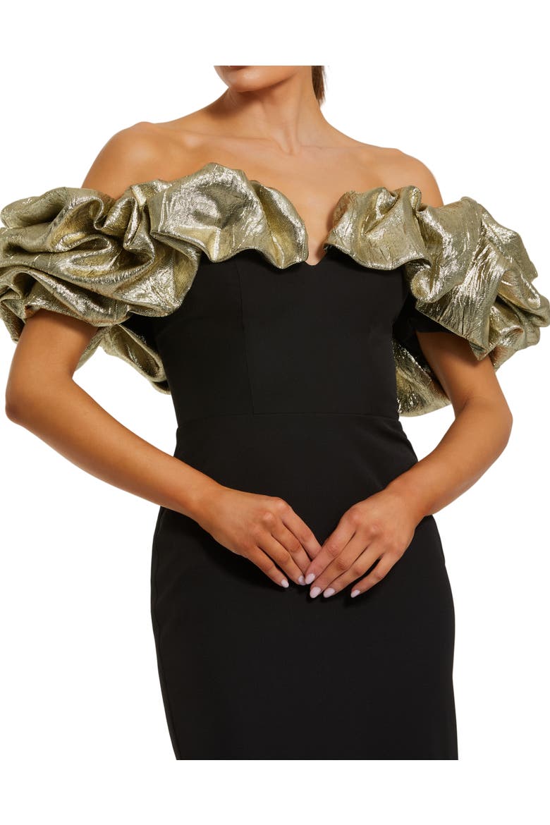 Crepe Mermaid Gown With Off The Shoulder Ruffle, Alternate, color, Black Gold