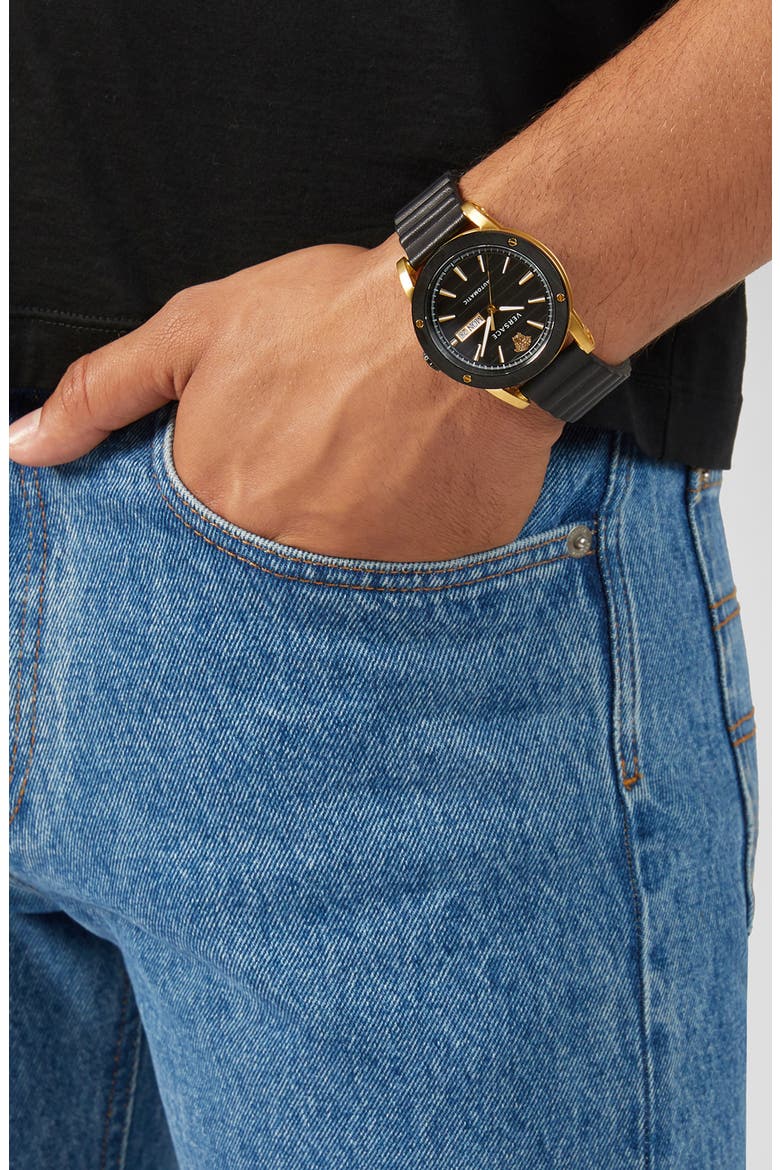 Theros Automatic Leather Strap Watch, 42mm, Alternate, color, BLACK