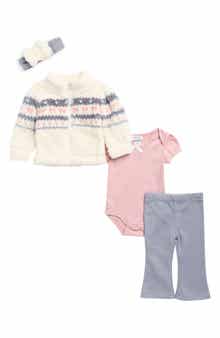 4-Piece Fuzzy Jacket, Bodysuit, Pants & Headband Set
