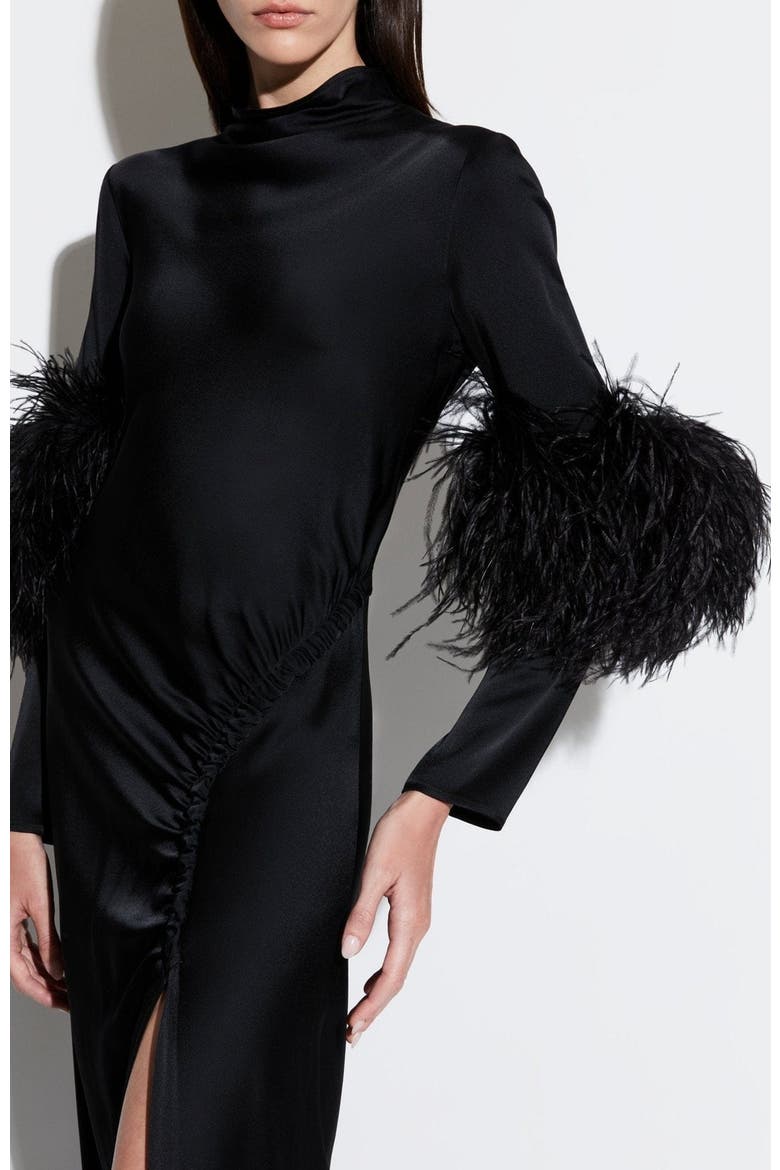 Satin Tab Gown With Feathers, Alternate, color, Black