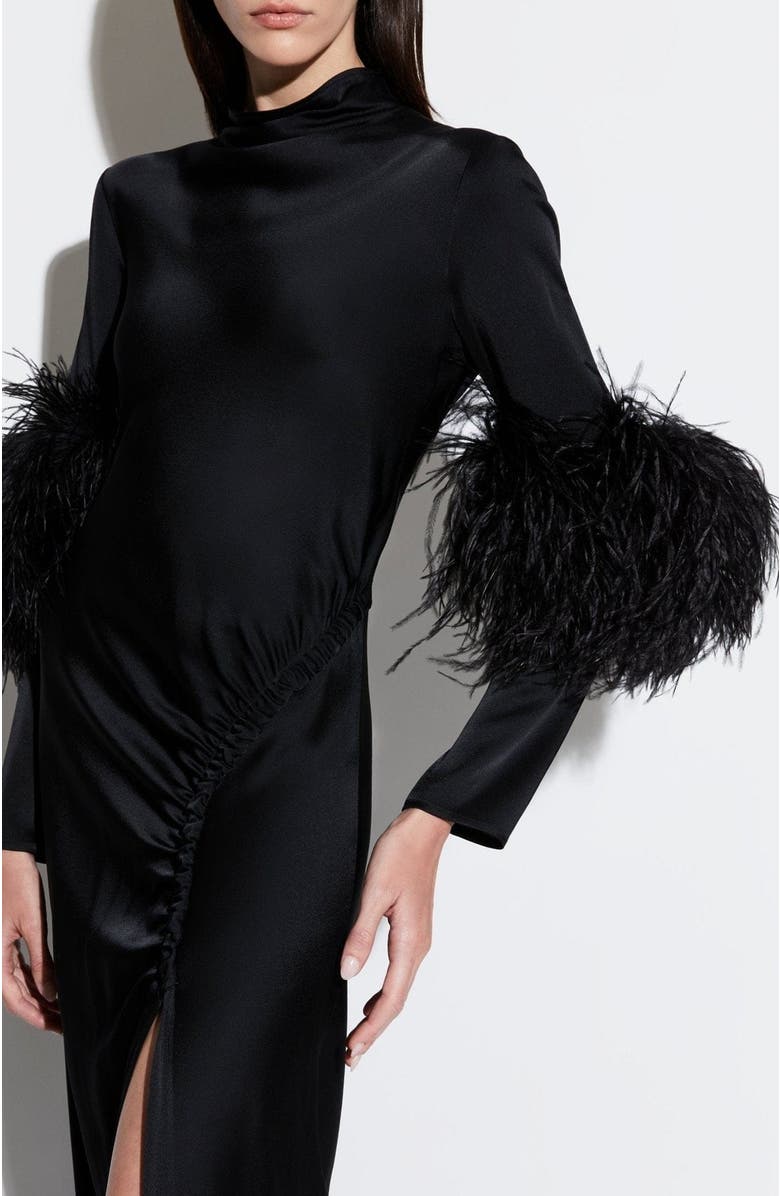 LAPOINTE Satin Tab Gown With Feathers, Alternate, color, Black