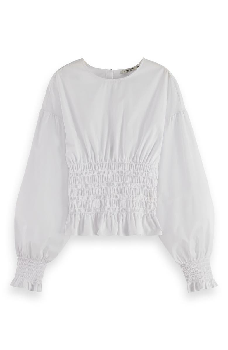 Scotch & Soda Smocked Balloon Sleeve Cotton Peplum Top, Alternate, color, White