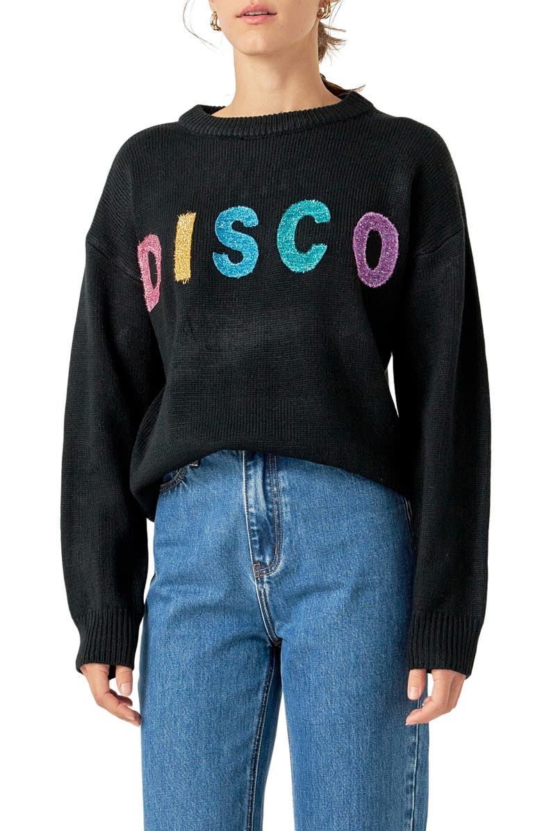 English Factory Disco Appliqué Graphic Crewneck Sweater, Alternate, color, Black